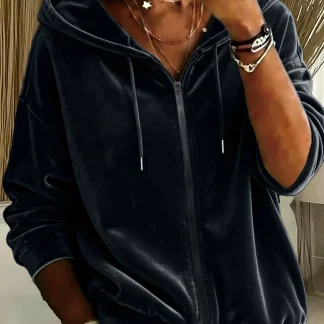 Velvet Drawstring Zip-Up Hoodie