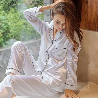 Satin Lapel-Collar Pajama Set, Long Sleeve