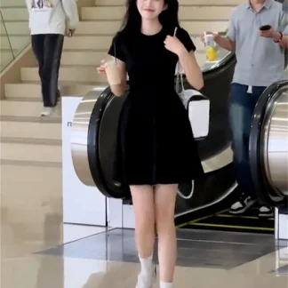 Round-Neck Black A-Line Mini Dress
